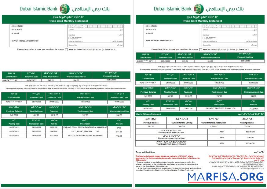 Downloadable UAE Dubai Islamic bank statement word 3 pages real example